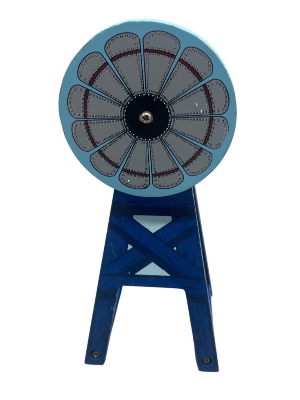 Vintage Blue Wooden Windmill Toy With Painted Details for train set moves READ
